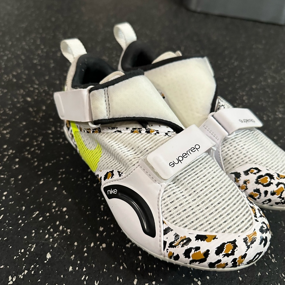 Nike White and Cheetah Spin Shoes with Velcro Strap